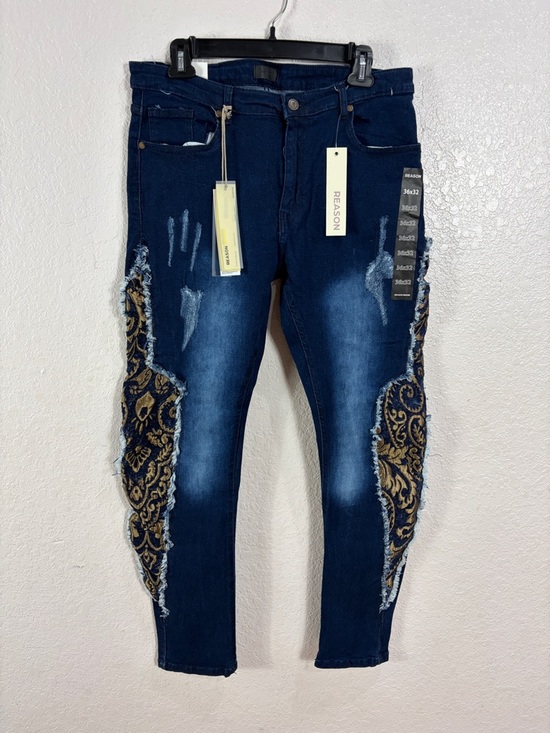 Reason Other - Reason Embroidered Side-Panel Skinny Jeans - Navy & Gold,Size 36x32